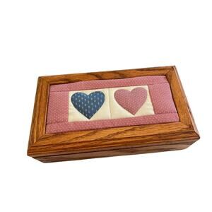 Vtg Tennessee Wood Crafters Oak Keepsake Box Quilted Heart Insert 9” Folk Art